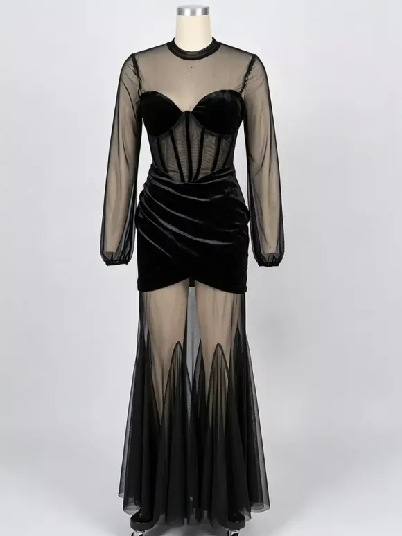 Velvet Corset Maxi Dress For Women - Black Sheer Mesh Long Sleeve Bodycon Mermaid Gown - Spring Formal Party 2026