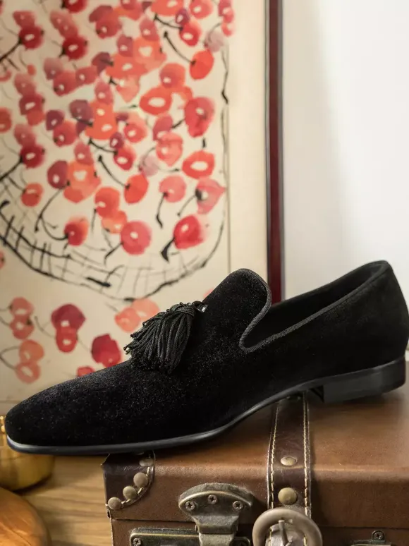Velvet Dress Shoes Men's Round Toe Slip On Formal Prom Shoes With Tassels