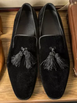 Velvet Dress Shoes Men's Round Toe Slip On Formal Prom Shoes With Tassels