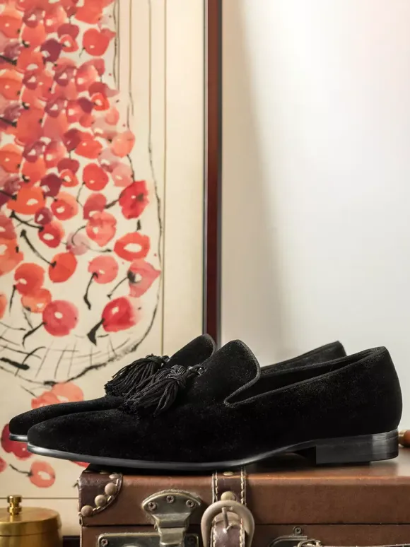Velvet Dress Shoes Men's Round Toe Slip On Formal Prom Shoes With Tassels
