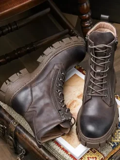 Velvet Cowhide Motorcycle Martin boots British Retro High-Top Work boots Round Toe Lace Up Combat Boots