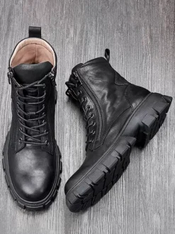 Velvet Cowhide Motorcycle Martin boots British Retro High-Top Work boots Round Toe Lace Up Combat Boots