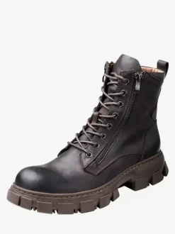 Velvet Cowhide Motorcycle Martin boots British Retro High-Top Work boots Round Toe Lace Up Combat Boots