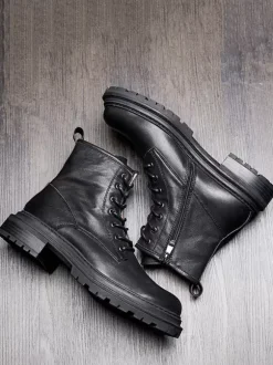 Velvet Cowhide Motorcycle Martin boots British Retro High-Top Work boots Round Toe Lace Up Combat Boots