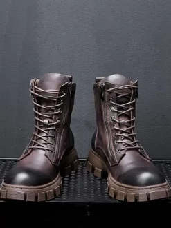 Velvet Cowhide Motorcycle Martin boots British Retro High-Top Work boots Round Toe Lace Up Combat Boots