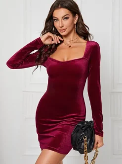 Velvet Dress Sweetheart Neck Long Sleeves Sexy Mini Bodycon Dresses