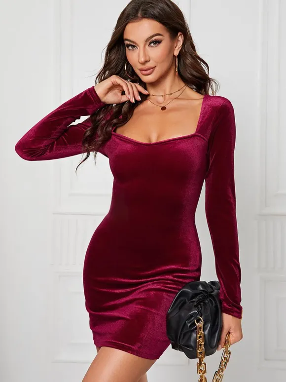 Velvet Dress Sweetheart Neck Long Sleeves Sexy Mini Bodycon Dresses