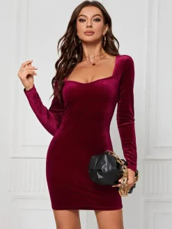 Velvet Dress Sweetheart Neck Long Sleeves Sexy Mini Bodycon Dresses