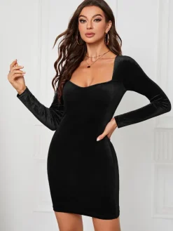 Velvet Dress Sweetheart Neck Long Sleeves Sexy Mini Bodycon Dresses