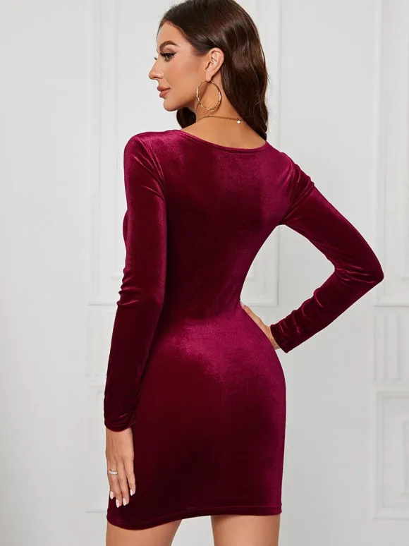 Velvet Dress Sweetheart Neck Long Sleeves Sexy Mini Bodycon Dresses