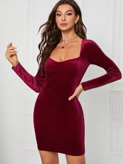 Velvet Dress Sweetheart Neck Long Sleeves Sexy Mini Bodycon Dresses