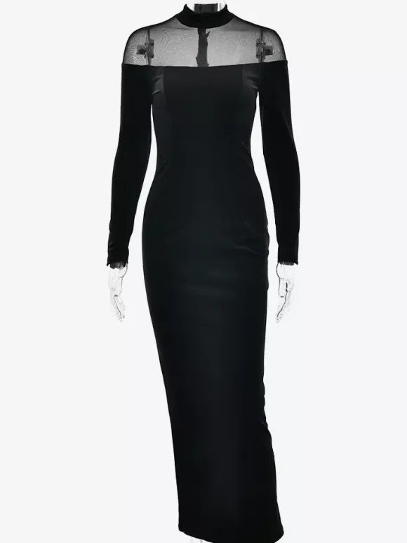 Velvet Mesh Patchwork High Neck Long Sleeve Bodycon Maxi Dress For Women 2026