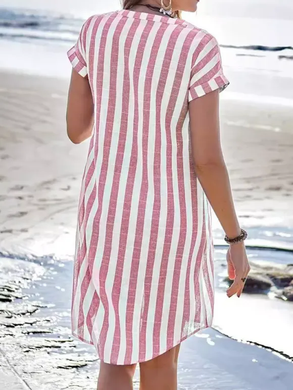 Vertical Striped Women's Shirt Dress - Short Sleeve Button Down Midi Dress - Summer Beach Vacation 2026