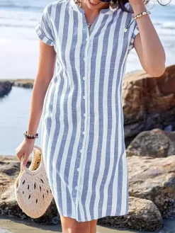 Vertical Striped Women's Shirt Dress - Short Sleeve Button Down Midi Dress - Summer Beach Vacation 2026