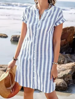 Vertical Striped Women's Shirt Dress - Short Sleeve Button Down Midi Dress - Summer Beach Vacation 2026