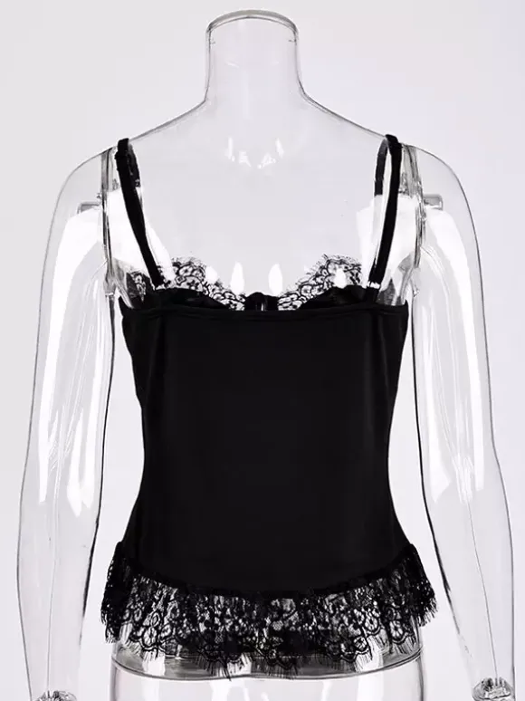 Vest Black Cami Top Straps Neck Lace Casual Backless Women Summer Camis