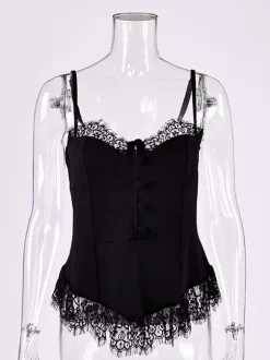 Vest Black Cami Top Straps Neck Lace Casual Backless Women Summer Camis