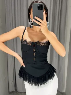 Vest Black Cami Top Straps Neck Lace Casual Backless Women Summer Camis