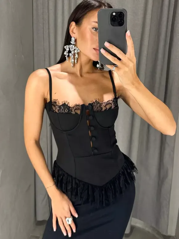 Vest Black Cami Top Straps Neck Lace Casual Backless Women Summer Camis