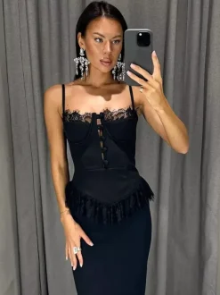 Vest Black Cami Top Straps Neck Lace Casual Backless Women Summer Camis