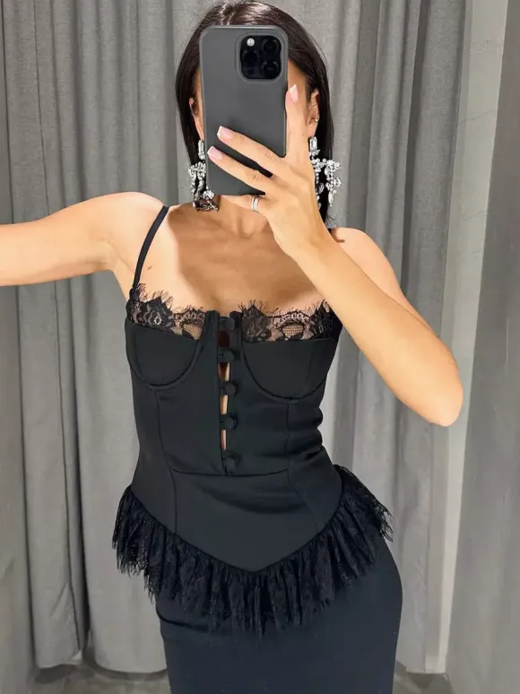 Vest Black Cami Top Straps Neck Lace Casual Backless Women Summer Camis