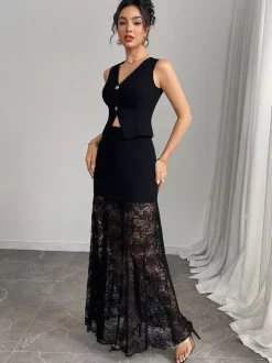Vest Crop Top And Floral Lace Patchwork Maxi Skirt Two Piece Set For Women 2026