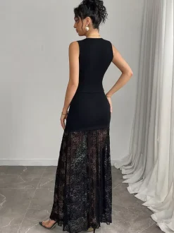 Vest Crop Top And Floral Lace Patchwork Maxi Skirt Two Piece Set For Women 2026