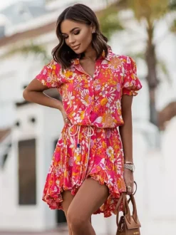 Vibrant Floral Shirt Dress for Women - Puff Sleeve Belted Mini Skater Dress - Summer Casual Vacation 2026