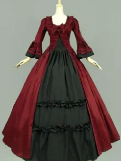Victorian Retro Tudor Dress Costumes Women's Rococo Retro Tudor Dress Costumes Ruffles Bow Marie Antoinette Victorian Era Style Clothing Costume Vintage Clothing Burgundy