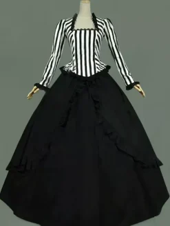 Victorian Retro Tudor Dress Costumes Women's Ruffles Lace Stripe Black Ball Gown Victorian Era Style Clothing Carnival Costumes