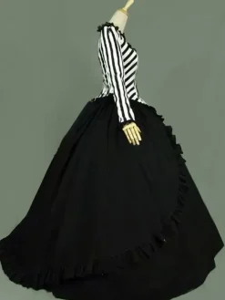 Victorian Retro Tudor Dress Costumes Women's Ruffles Lace Stripe Black Ball Gown Victorian Era Style Clothing Carnival Costumes