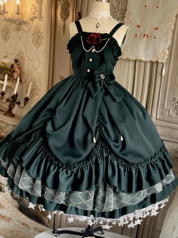 Victorian Classical Lolita JSK Dress Women Elegant Sweet Palace Queen Party Dresses Ink Green Ruffles Bows Sleeveless Polyester Lolita Girly Gothic Slip Dress