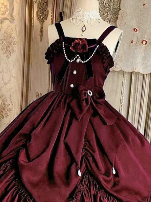 Victorian Classical Lolita JSK Dress Women Elegant Sweet Palace Queen Party Dresses Ink Green Ruffles Bows Sleeveless Polyester Lolita Girly Gothic Slip Dress