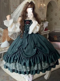 Victorian Classical Lolita JSK Dress Women Elegant Sweet Palace Queen Party Dresses Ink Green Ruffles Bows Sleeveless Polyester Lolita Girly Gothic Slip Dress