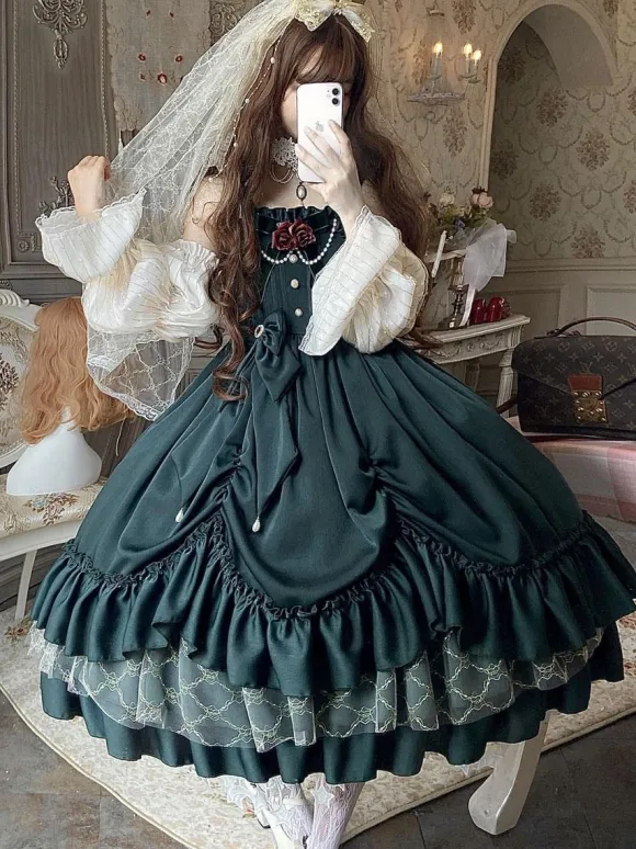 Victorian Classical Lolita JSK Dress Women Elegant Sweet Palace Queen Party Dresses Ink Green Ruffles Bows Sleeveless Polyester Lolita Girly Gothic Slip Dress