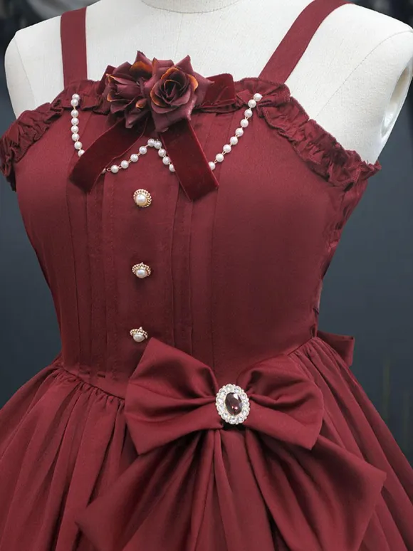Victorian Classical Lolita JSK Dress Women Elegant Sweet Palace Queen Party Dresses Ink Green Ruffles Bows Sleeveless Polyester Lolita Girly Gothic Slip Dress