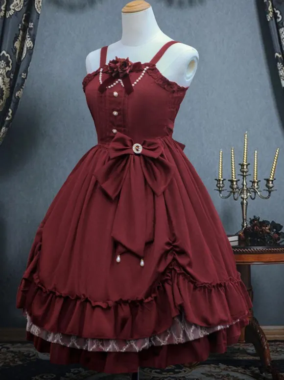 Victorian Classical Lolita JSK Dress Women Elegant Sweet Palace Queen Party Dresses Ink Green Ruffles Bows Sleeveless Polyester Lolita Girly Gothic Slip Dress