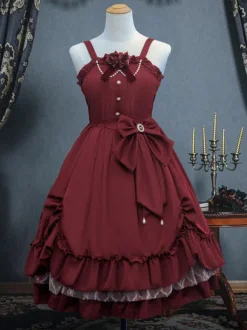 Victorian Classical Lolita JSK Dress Women Elegant Sweet Palace Queen Party Dresses Ink Green Ruffles Bows Sleeveless Polyester Lolita Girly Gothic Slip Dress