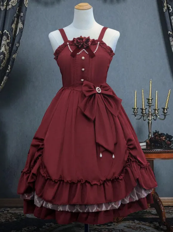 Victorian Classical Lolita JSK Dress Women Elegant Sweet Palace Queen Party Dresses Ink Green Ruffles Bows Sleeveless Polyester Lolita Girly Gothic Slip Dress