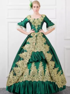 Victorian Dress Costume Green Retro Costume Baroque Ruffles Ball Gown Hlaf Sleeves Printed Victoria Era Clothing Royal Retro Costumes Dress