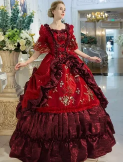 Victorian Dress Costume Red Baroque Red Squared Neckline Printed Flared Half Sleeves Layered Ball Gown Victorian era Clothing Costumes Dress Carnival Burgundy