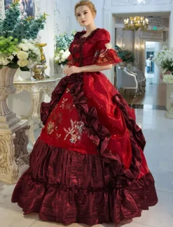 Victorian Dress Costume Red Baroque Red Squared Neckline Printed Flared Half Sleeves Layered Ball Gown Victorian era Clothing Costumes Dress Carnival Burgundy