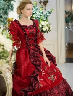 Victorian Dress Costume Red Baroque Red Squared Neckline Printed Flared Half Sleeves Layered Ball Gown Victorian era Clothing Costumes Dress Carnival Burgundy