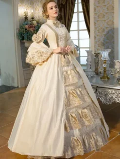 Victorian Dress Costume Retro Costumes Victorian Era Clothing Beige Long Flared Sleeves Ruffle Royal Costumes Dress
