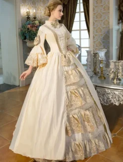 Victorian Dress Costume Retro Costumes Victorian Era Clothing Beige Long Flared Sleeves Ruffle Royal Costumes Dress