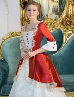 Victorian Dress Costume Red Retro Costume Rococo Lace Squared Neckline Bell Sleeves Button Long Victorian era Clothing Maid Dress Burgundy