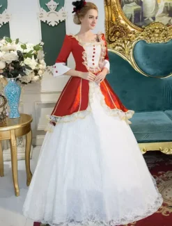 Victorian Dress Costume Red Retro Costume Rococo Lace Squared Neckline Bell Sleeves Button Long Victorian era Clothing Maid Dress Burgundy