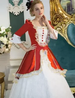 Victorian Dress Costume Red Retro Costume Rococo Lace Squared Neckline Bell Sleeves Button Long Victorian era Clothing Maid Dress Burgundy