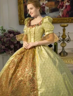 Victorian Dress Costume Women's Gold Retro Costume Baroque Squared Neckline Tunic Ball Gown half Sleeves Victorian era Clothing Retro Costumes Dress