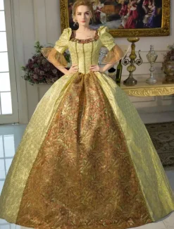 Victorian Dress Costume Women's Gold Retro Costume Baroque Squared Neckline Tunic Ball Gown half Sleeves Victorian era Clothing Retro Costumes Dress